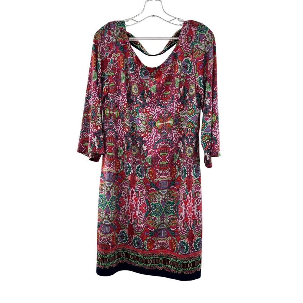 Laundry by Shelli Segal Floral Shift Dress 3/4 Sleeve Cut Out Back Size Large